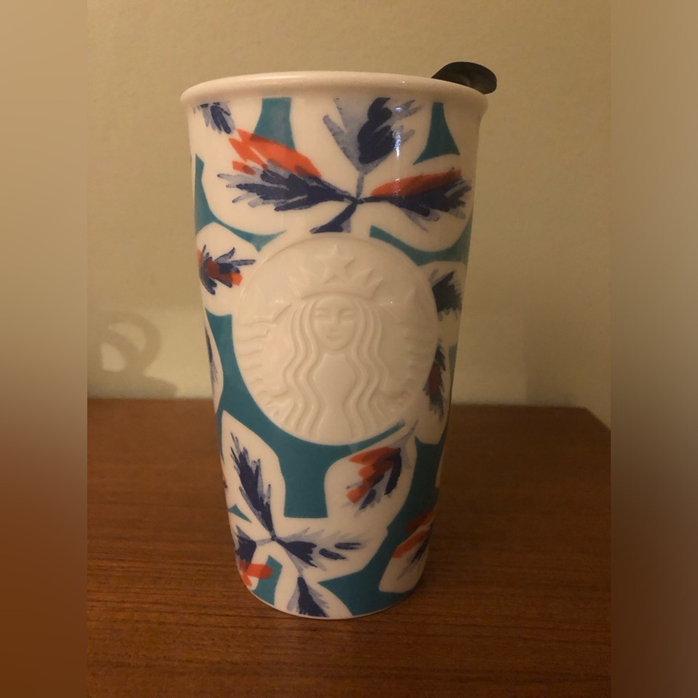 Starbucks 2016 Teal Coral Leaves Siren Mermaid Logo Ceramic Tumbler Traveler Mug